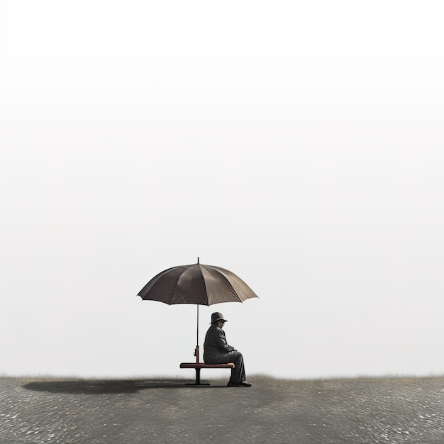 Une personne assise sur un banc avec un parapluie en un jour brumeux