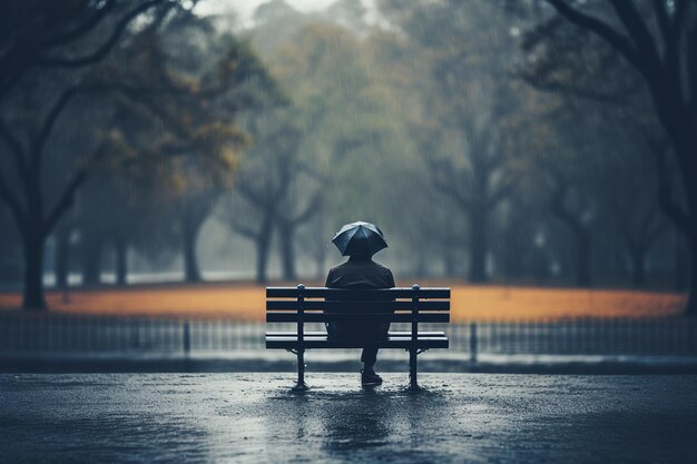 Une personne assise sur un banc avec un parapluie sous la pluie