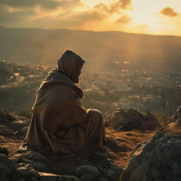 une personne assise sur une colline rocheuse regardant une ville