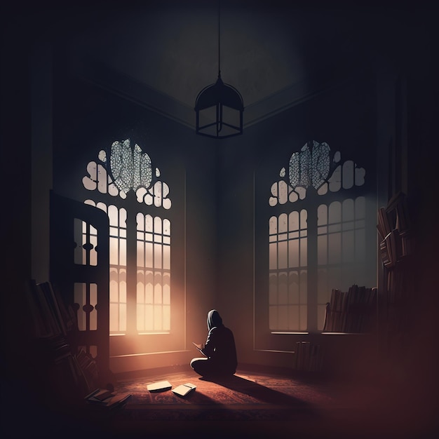 Une personne assise dans une pièce sombre avec un livre par terre.