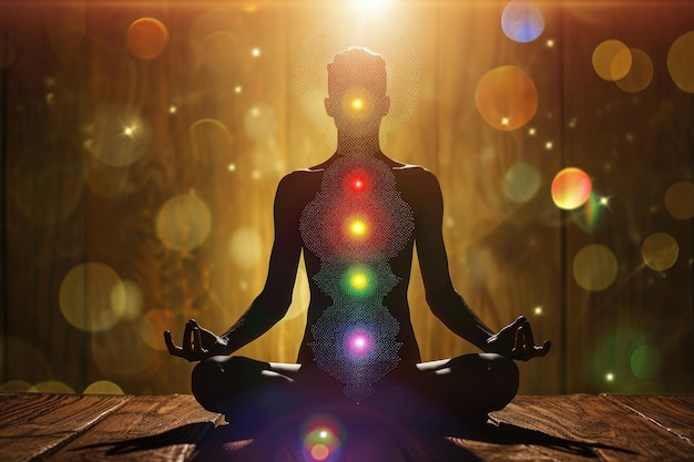 Photo une personne assise dans une position de yoga démontrant l'alignement des sept chakras du corps représentation lumineuse des chakras humains générée par l'ia