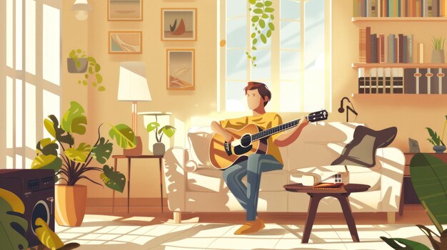 une personne assise dans un salon confortable et jouant d'une guitare lofi et d'une ambiance nostalgique