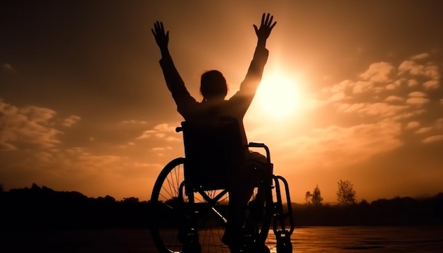 Une personne assise en fauteuil roulant profitant du coucher de soleil généré par l'IA