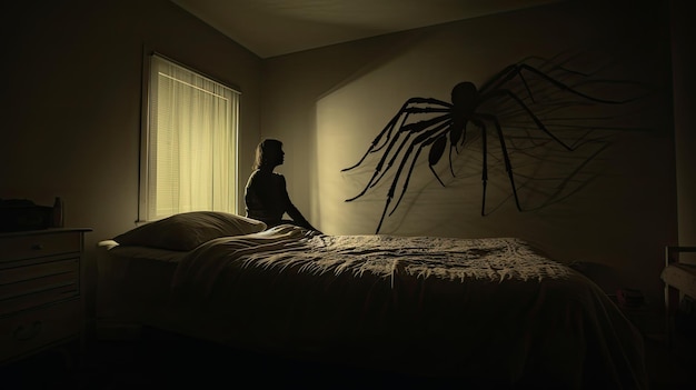 Photo personne assise sur le lit dans une pièce sombre