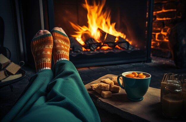 Une personne assise près de la cheminée dans des chaussettes et une tasse de thé chaud