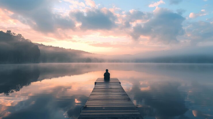 Photo une personne assise sur un quai en bois au lever du soleil