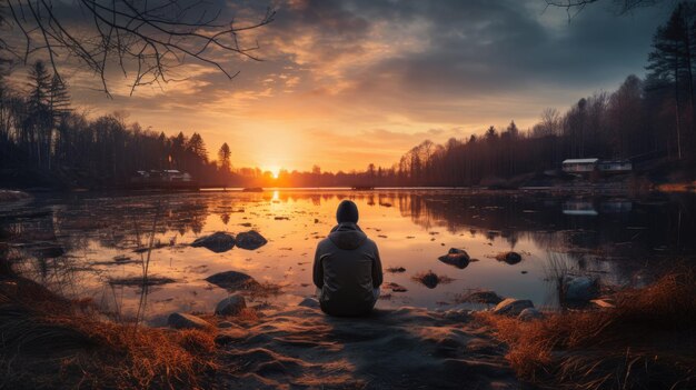 Personne assise sur un rocher regardant un plan d'eau