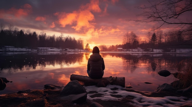 Personne Assise Sur Un Rocher Regardant Un Plan D'eau