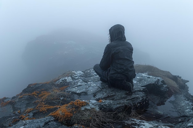 Personne assise sur le sommet d'une montagne dans le brouillard