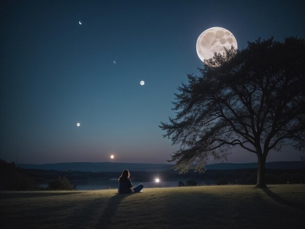 Photo une personne assise sous un arbre sous une pleine lune fond de pleine lune belle lumière de lune