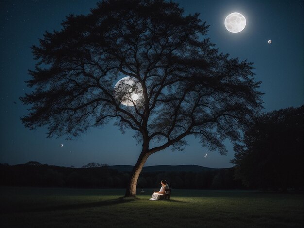 Photo une personne assise sous un arbre sous une pleine lune fond de pleine lune belle lumière de lune