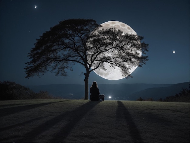 une personne assise sous un arbre sous une pleine lune fond de pleine lune belle lumière de lune