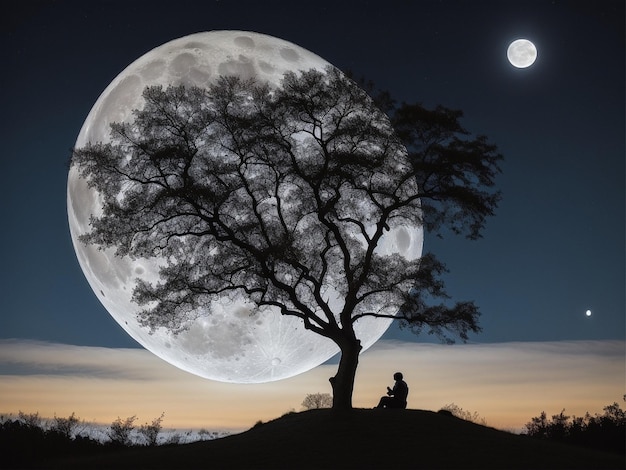 Photo une personne assise sous un arbre sous une pleine lune fond de pleine lune belle lumière de lune