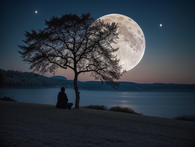 Photo une personne assise sous un arbre sous une pleine lune fond de pleine lune belle lumière de lune