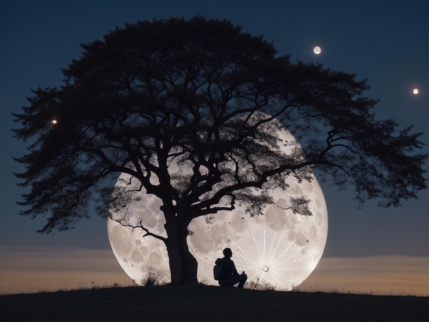 Photo une personne assise sous un arbre sous une pleine lune fond de pleine lune belle lumière de lune