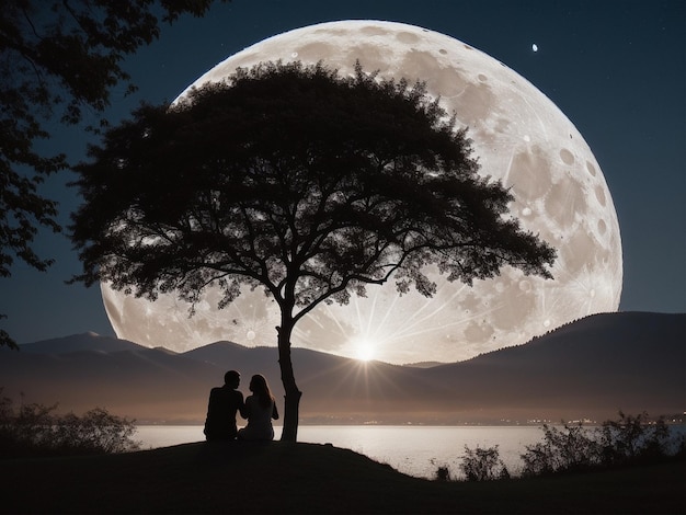 Photo une personne assise sous un arbre sous une pleine lune pleine lune arrière-plan belle lumière de lune