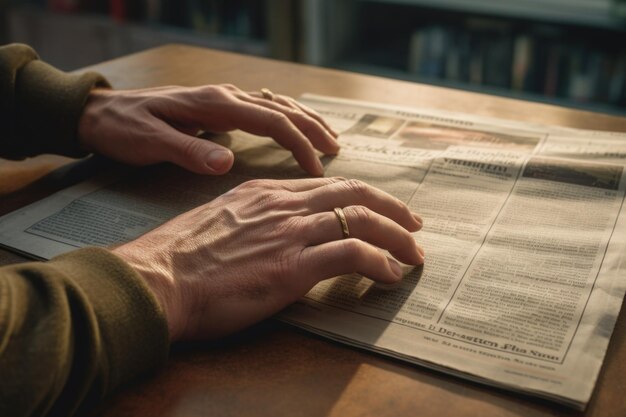 Photo une personne assise à une table absorbée par la lecture d'un journal convient pour les articles, les blogs et le contenu lié aux nouvelles