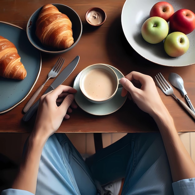 Une personne assise à une table avec une tasse de café, une assiette de croissants et un bol de pommes