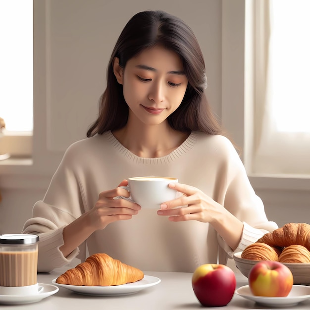 Une personne assise à une table avec une tasse de café, une assiette de croissants et un bol de pommes