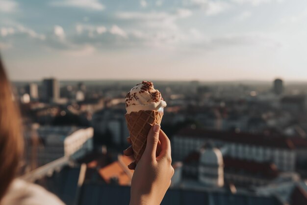 Personne assise sur le toit-terrasse tenant un cornet de crème glacée et profitant de la vue sur les toits de la ville