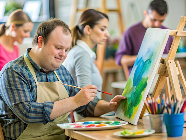 Une personne atteinte du syndrome de Down participe à un atelier de peinture