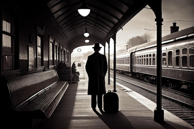 Personne attendant que le train arrive à la gare vintage restaurée créée avec l'IA générative