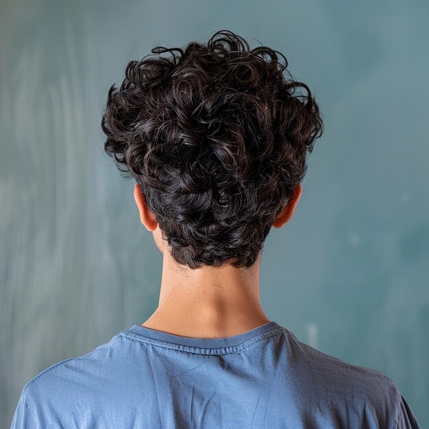 Photo une personne aux cheveux bouclés se tient devant un mur avec un tableau noir derrière eux