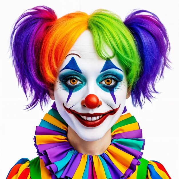 Photo une personne aux cheveux colorés et à la peinture du visage portant un costume de clown avec un collier arc-en-ciel