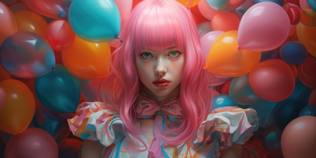 une personne aux cheveux roses et une perruque rose entourée de ballons