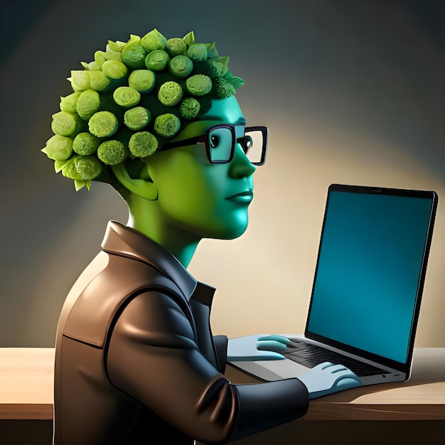 Une personne aux cheveux verts utilise un ordinateur portable.