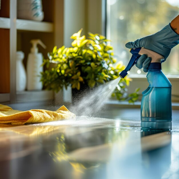 une personne aux mains gantées utilisant une bouteille de pulvérisation bleue et un chiffon jaune pour nettoyer une table