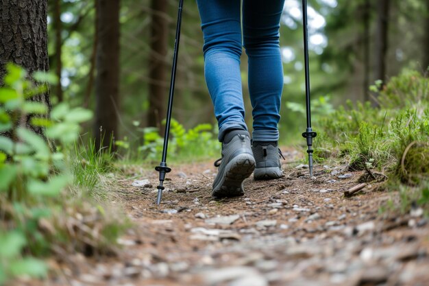 Personne avec des bâtons de marche sur un sentier forestier