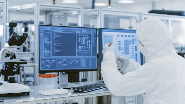 Une personne en blouse de laboratoire et tenue de protection se tient devant un écran d'ordinateur.