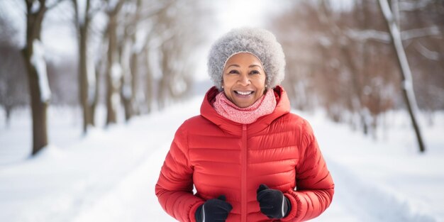 Une personne en bonne santé qui court dans un parc public en hiver, qui pratique la forme physique et la force.