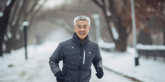 Une personne en bonne santé qui court dans un parc public en hiver, qui pratique la forme physique et la force.