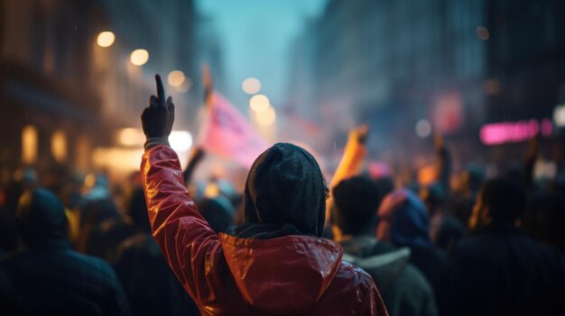 Une personne avec une capuche rouge lève les mains.