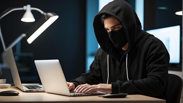Une personne avec un capuchon noir et un masque est assise à un bureau en train de taper sur un ordinateur portable