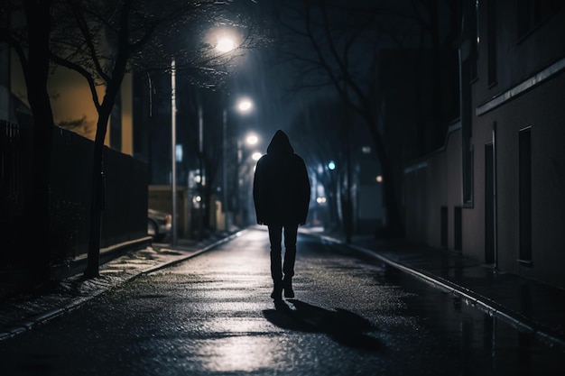 Personne célibataire méconnaissable marchant dans la rue dans la nuit noire