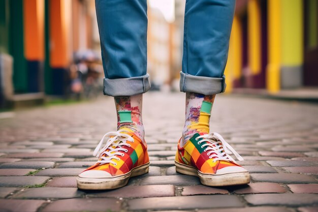 Une personne avec des chaussettes colorées debout sur une rue pavée IA générative