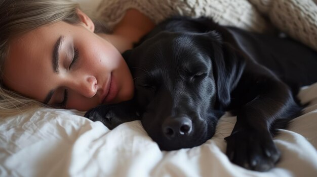 une personne et un chien dormant paisiblement côte à côte sur un lit blanc vierge