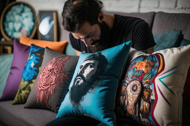 Personne choisissant de nouveaux coussins pour le salon parmi une variété de styles et de couleurs