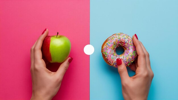 Photo une personne choisissant la pomme plutôt que le donut sur un fond blanc