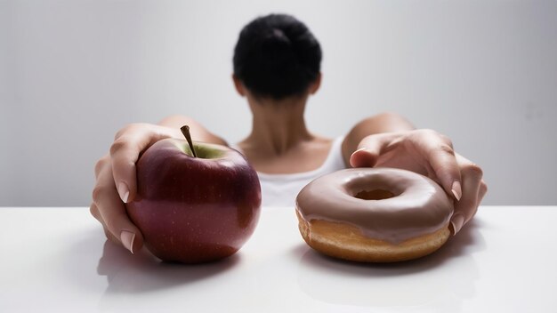 Photo une personne choisissant la pomme plutôt que le donut sur un fond blanc