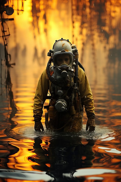 une personne en combinaison de plongée debout dans l'eau