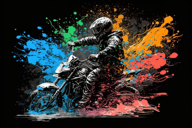 Une personne conduisant une moto dans un style aquarelle aqua La personne est montrée en mouvement avec le vent soufflant Generative AI