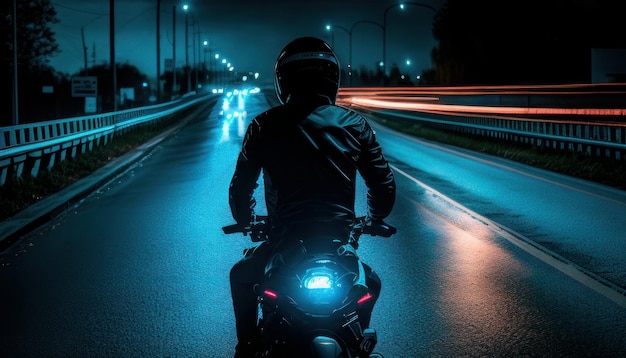 Une personne conduisant une moto sur une route la nuit