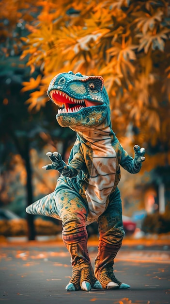 Personne en costume de dinosaure rugissant dans la rue de l'automne