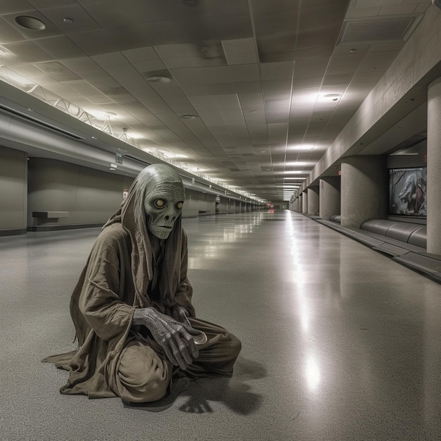 Photo une personne en costume effrayant est assise sur le sol dans un couloir.