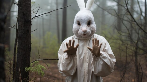 Photo une personne en costume de lapin debout à côté des arbres ai