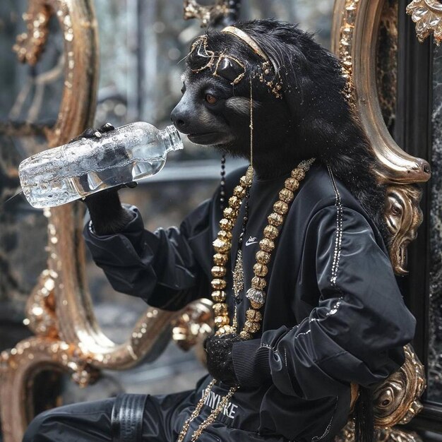 une personne avec un costume noir et un collier d'or boit une bouteille d'eau